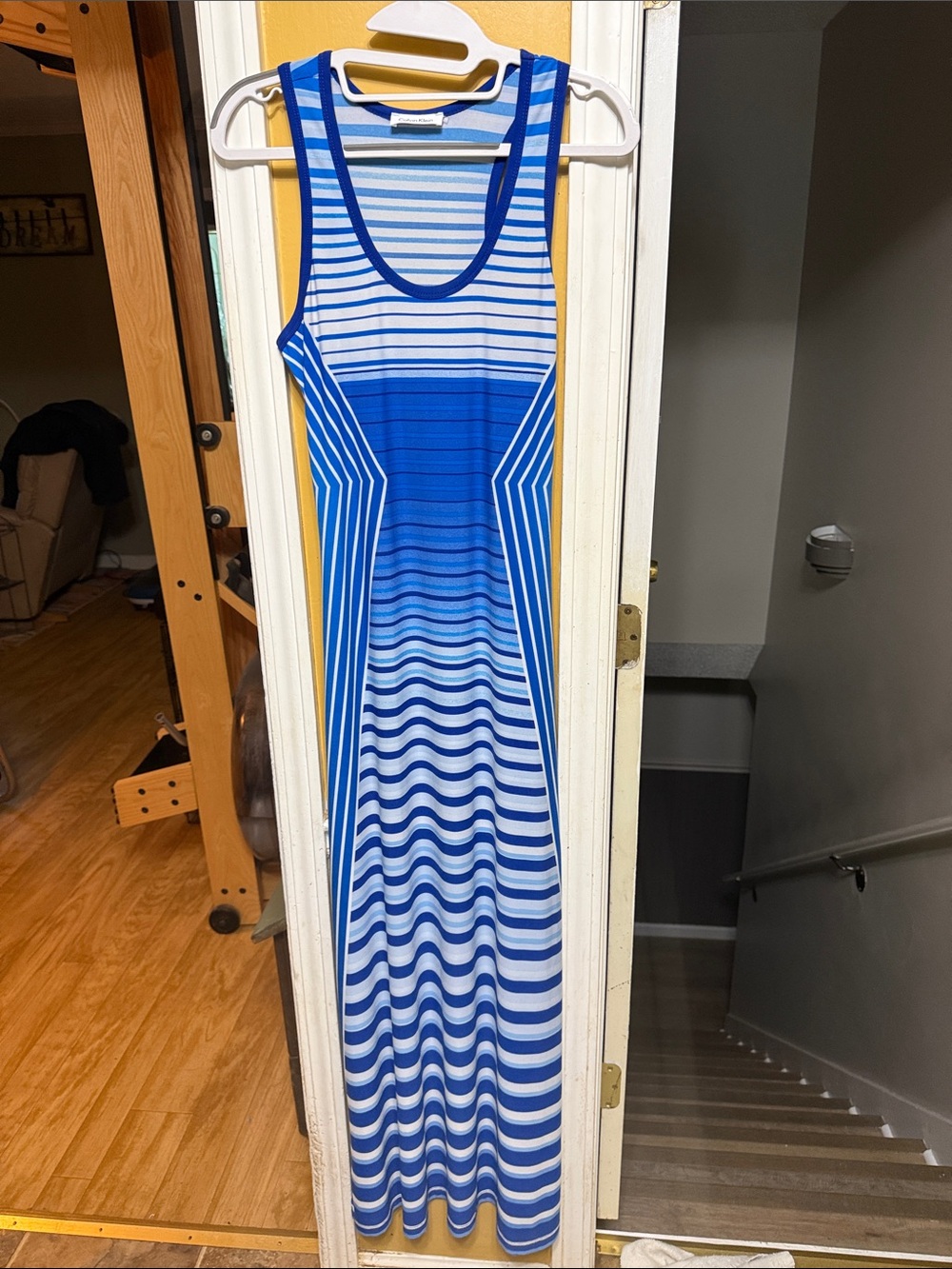Calvin Klein Blue and White Striped Ombré Sleeveless Maxi Dress
